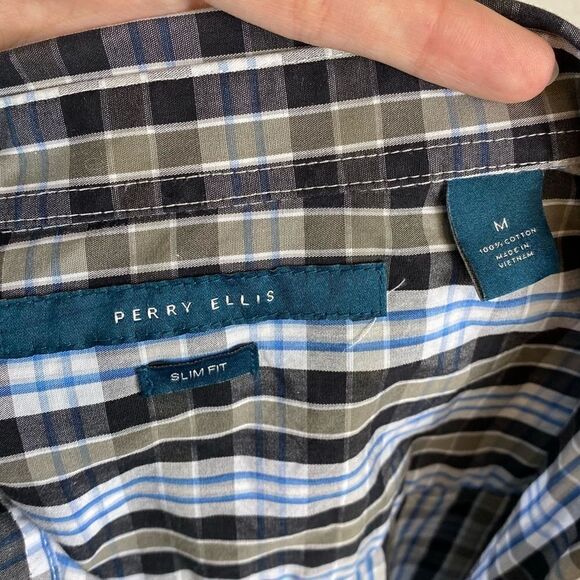 Perry Ellis Black Blue & White Plaid Slim Fit Button Up Shirt - Picture 3 of 3